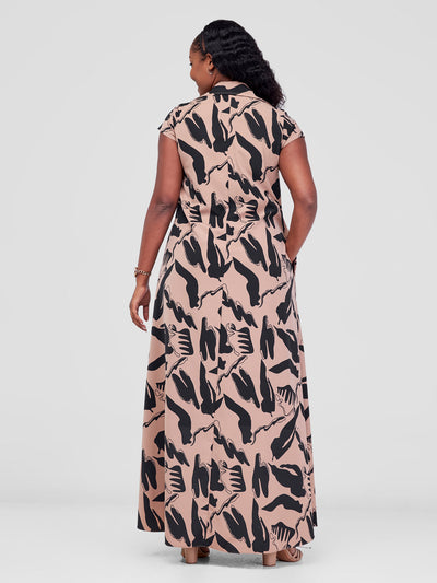 Vivo Zuri Cap Sleeved Maxi Dress - Biscuit / Black Meki Print