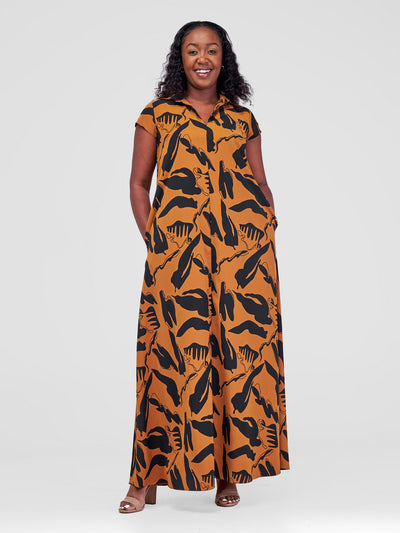 Vivo Zuri Cap Sleeved Maxi Dress - Sudan / Black Meki Print