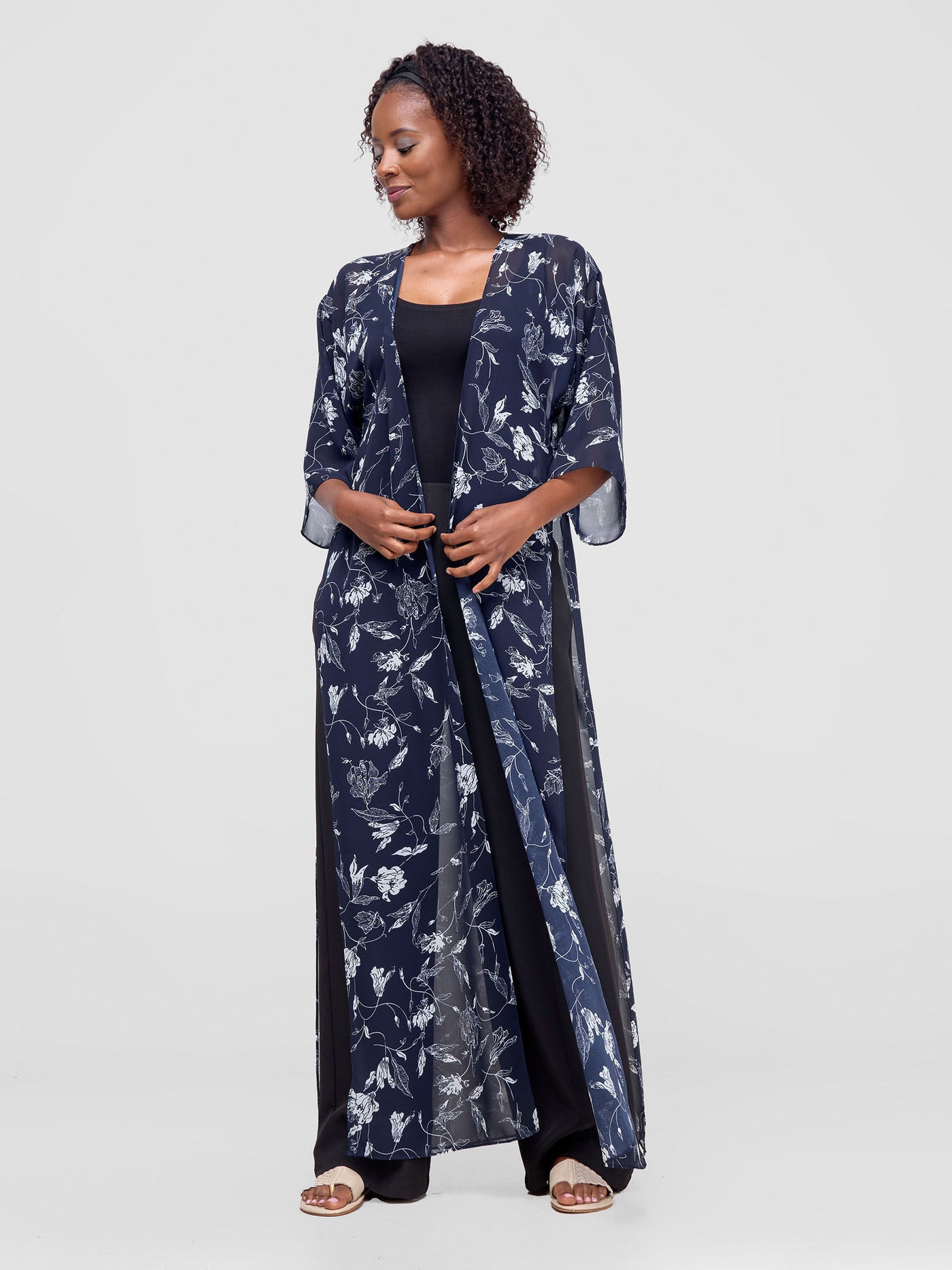 Vivo Basic Nandi High Slit Kimono -  Navy / White Print