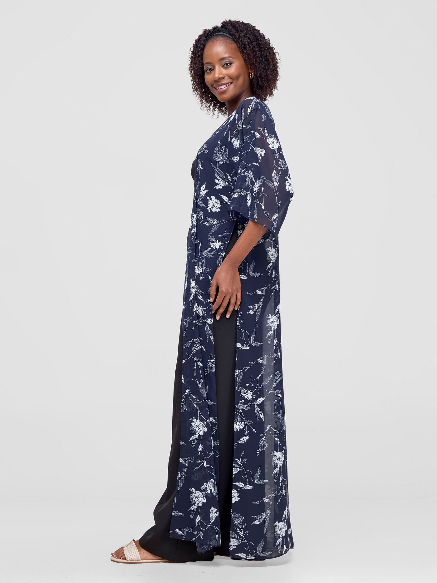 Vivo Basic Nandi High Slit Kimono -  Navy / White Print