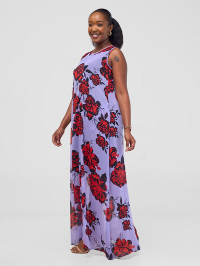 Vivo Basic Sleeveless Tent Maxi Dress - Purple / Orange Print - Shopzetu