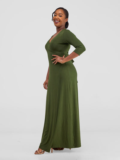 Vivo Basic 3/4 Sleeve A-Line Wrap Maxi Dress - Hunters