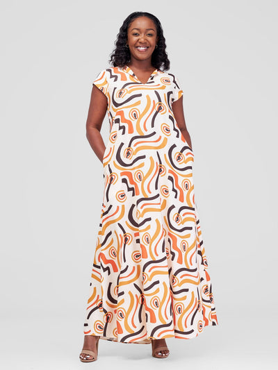 Vivo Zola V Neck Cap Sleeve Maxi Dress - Beige / Brown Kemi Print - Shopzetu