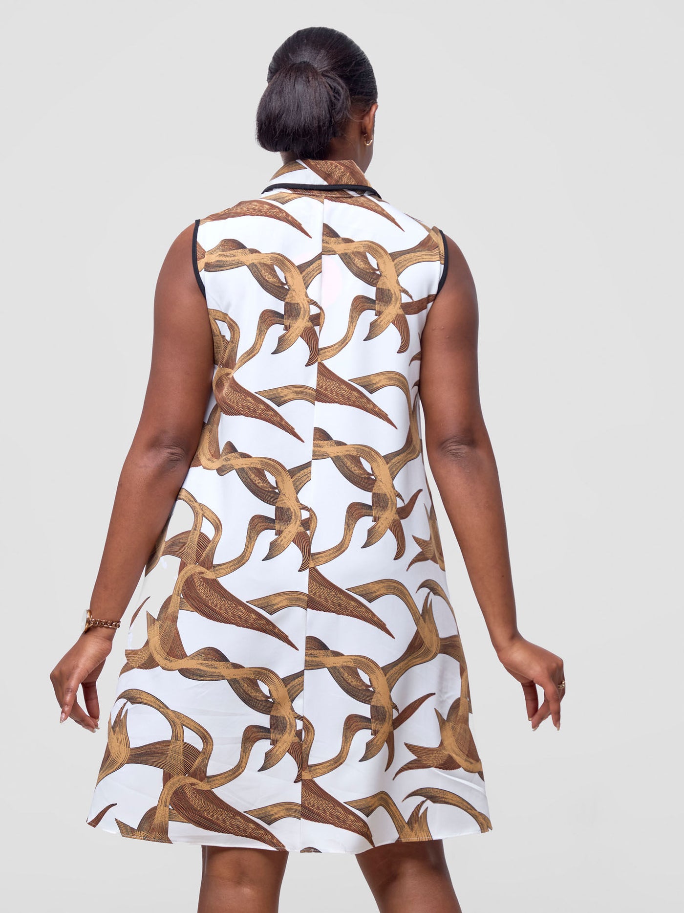 Vivo Asha Sleeveless Knee Length Dress - White / Brown Print - Shopzetu