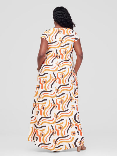 Vivo Zola V Neck Cap Sleeve Maxi Dress - Beige / Brown Kemi Print - Shopzetu