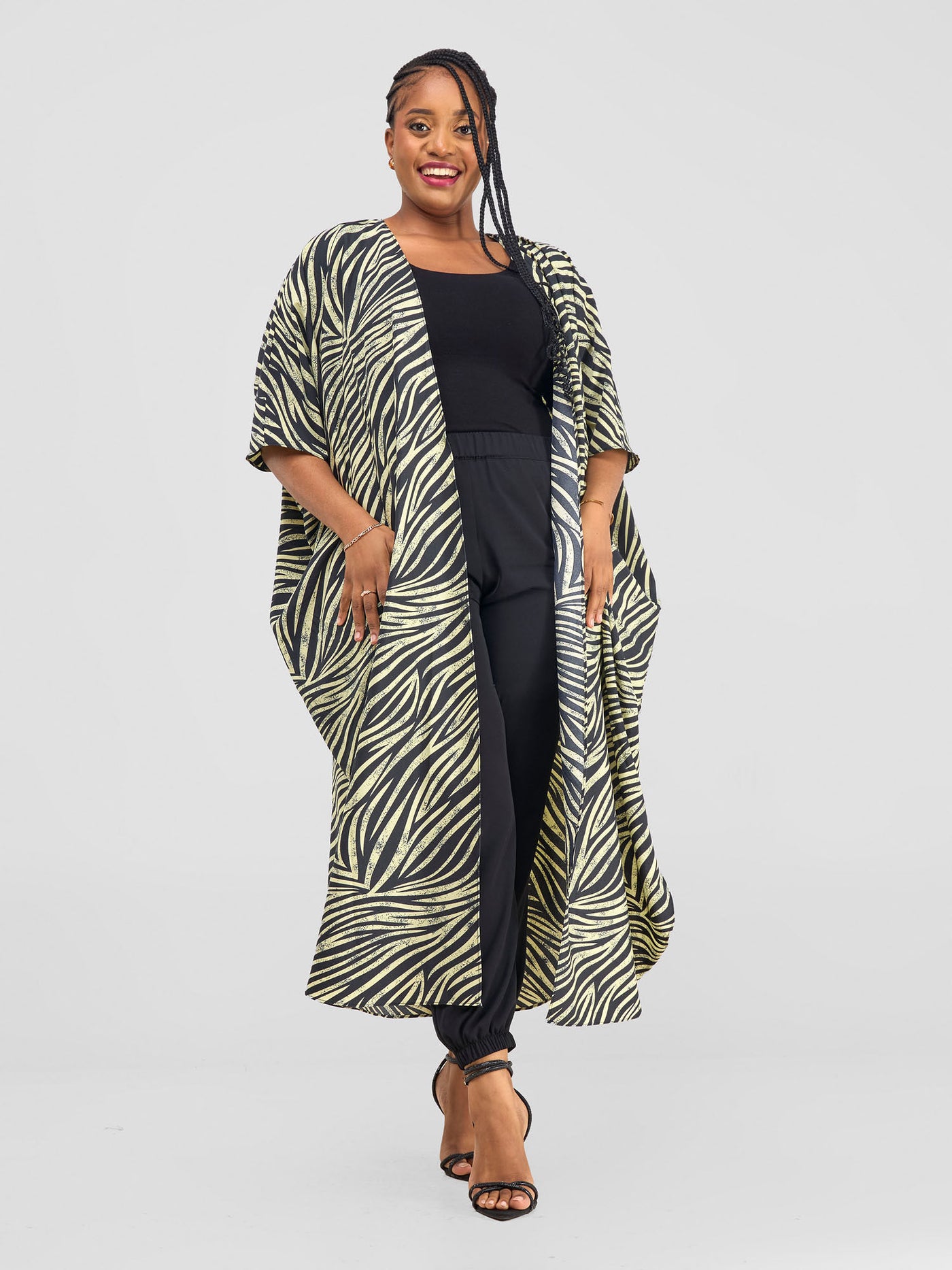 Vivo Basic Open Kaftan - Cream / Black Print