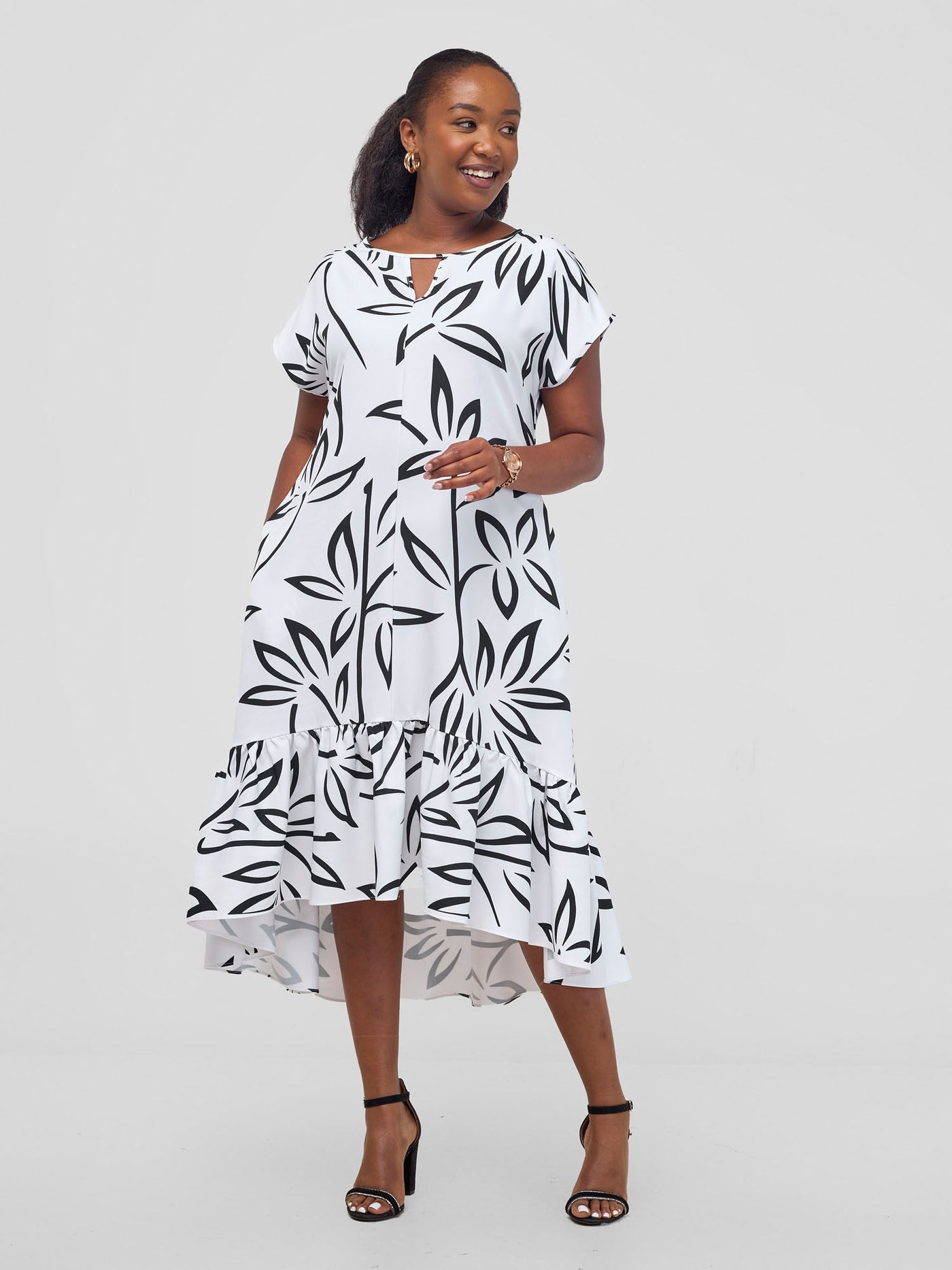 Zahari Drop Shoulder High Low Dress - White / Black Weni Print