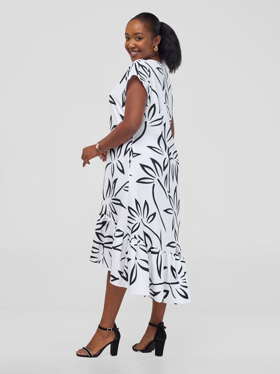 Zahari Drop Shoulder High Low Dress - White / Black Weni Print