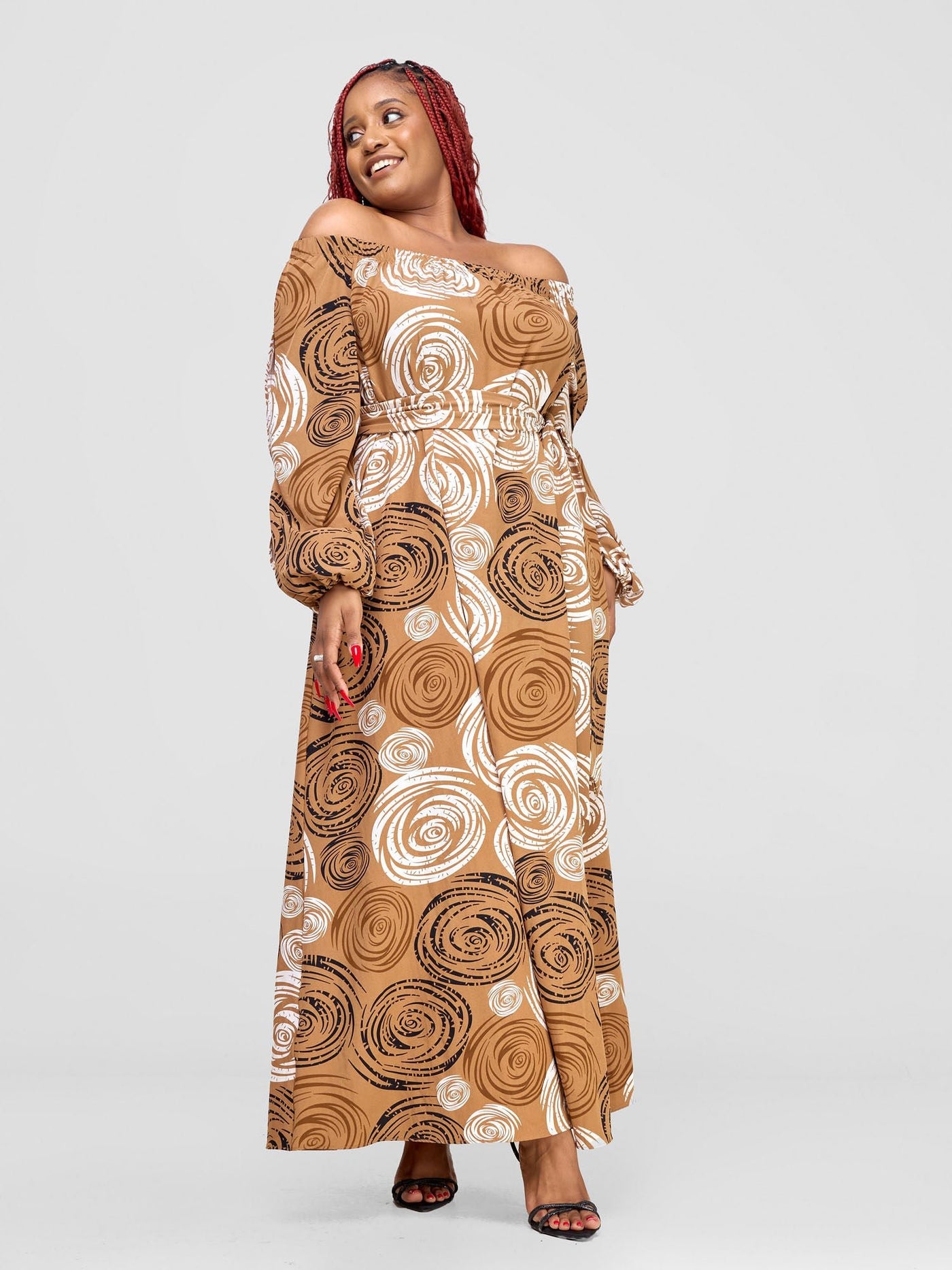 Vivo Yumi Off Shoulder Maxi Dress - Tan / White Print - Shopzetu