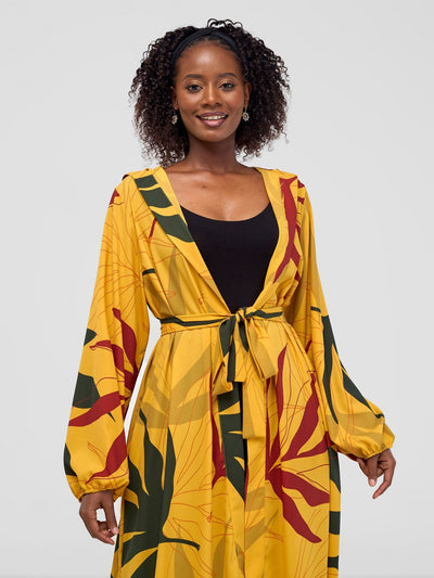 Vivo Kelemi Hooded Kimono - Mustard / Rust Leke Print - Shopzetu