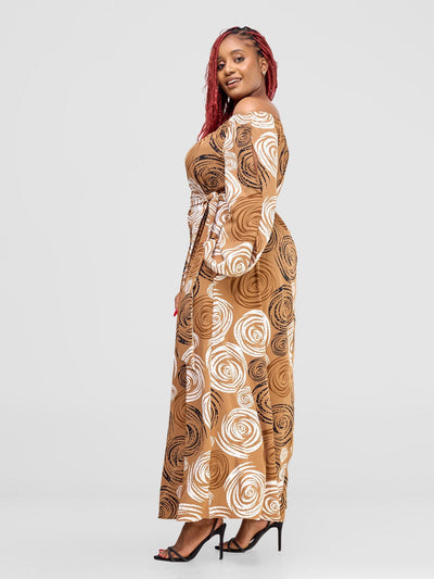 Vivo Yumi Off Shoulder Maxi Dress - Tan / White Print - Shopzetu