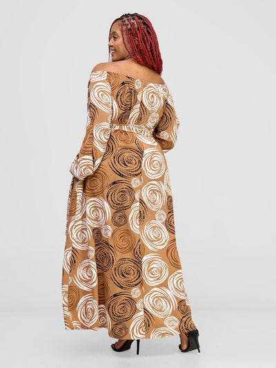 Vivo Yumi Off Shoulder Maxi Dress - Tan / White Print - Shopzetu