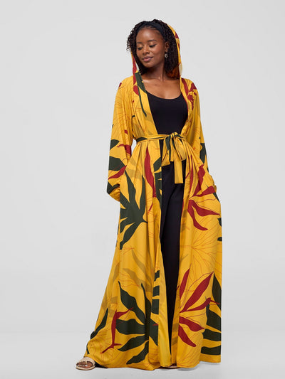 Vivo Kelemi Hooded Kimono - Mustard / Rust Leke Print - Shopzetu