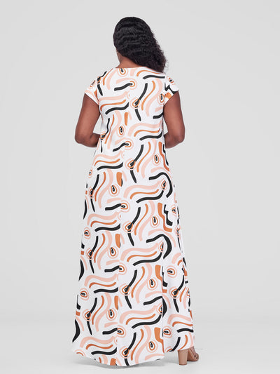 Vivo Zola V Neck Cap Sleeve Maxi Dress - Off White / Navy Kemi Print