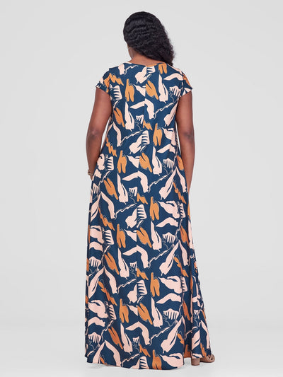 Vivo Basic Cap Sleeve Maxi Tent Dress - Navy / Brown Meki Print - Shopzetu