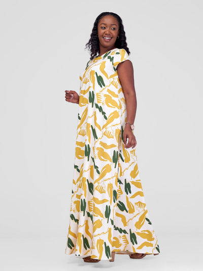 Vivo Basic Cap Sleeve Maxi Tent Dress - Beige / Mustard Meki Print