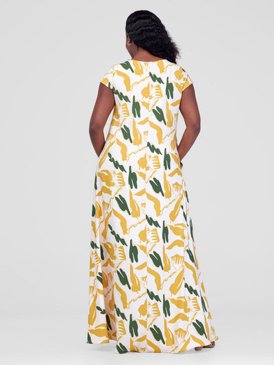 Vivo Basic Cap Sleeve Maxi Tent Dress - Beige / Mustard Meki Print