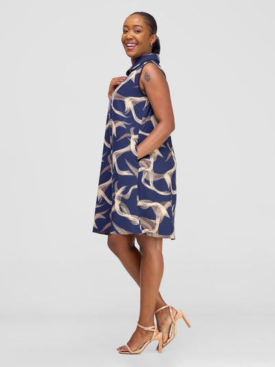 Vivo Asha Sleeveless Knee Length Dress - Navy / Beige Print - Shopzetu