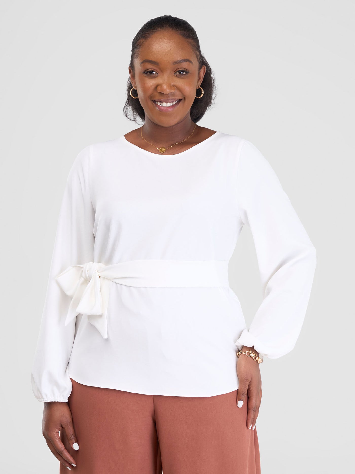 Vivo Zahari Bishop Sleeve Top With Belt - Off White