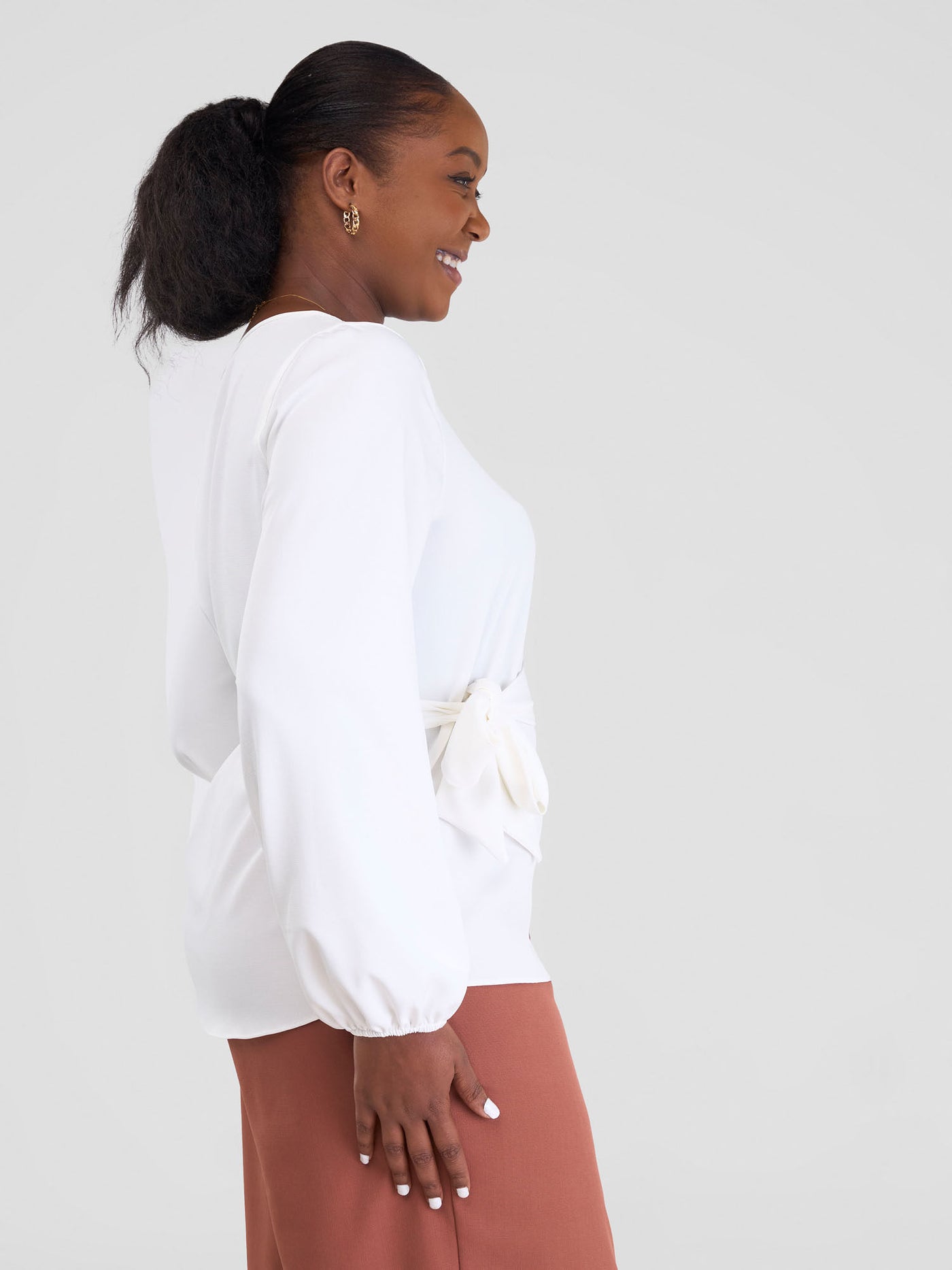 Vivo Zahari Bishop Sleeve Top With Belt - Off White