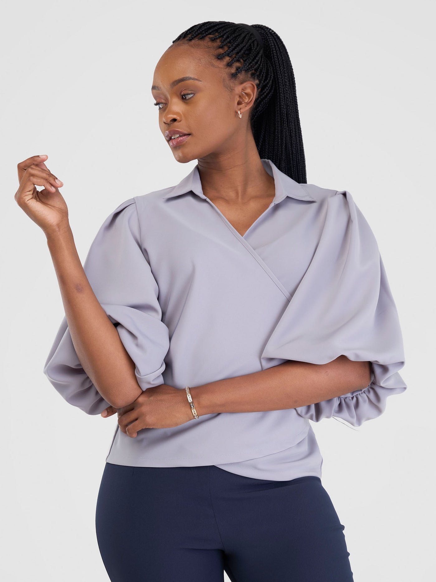 Vivo Zaria Bishop Sleeve Tie Top - Grey