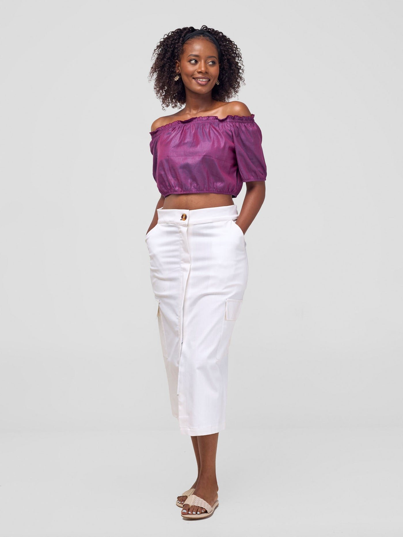 Kamari  Front Slit Midi Skirt - White Cloud