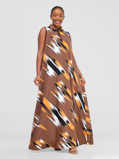 Vivo Asha Sleeveless Maxi Dress - Brown / Mustard Print - Shopzetu