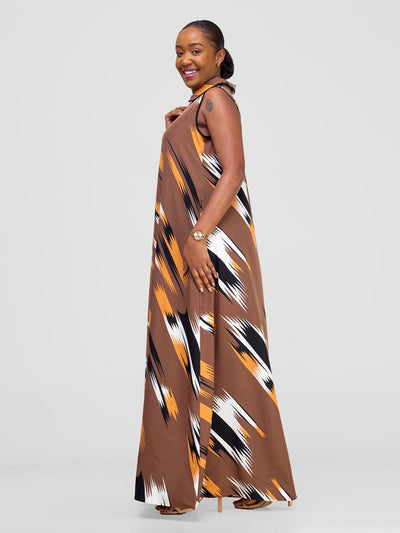 Vivo Asha Sleeveless Maxi Dress - Brown / Mustard Print - Shopzetu