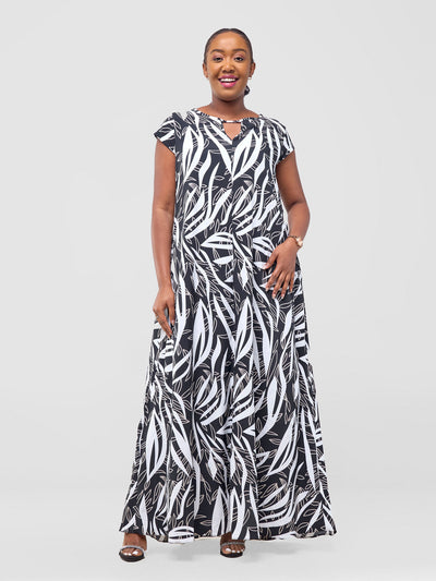 Vivo Sakari Cap Sleeve Maxi Dress - Black / Grey Print - Shopzetu