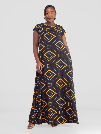 Vivo Basic Cap Sleeve Maxi Tent Dress - Black / Mustard Print - Shopzetu