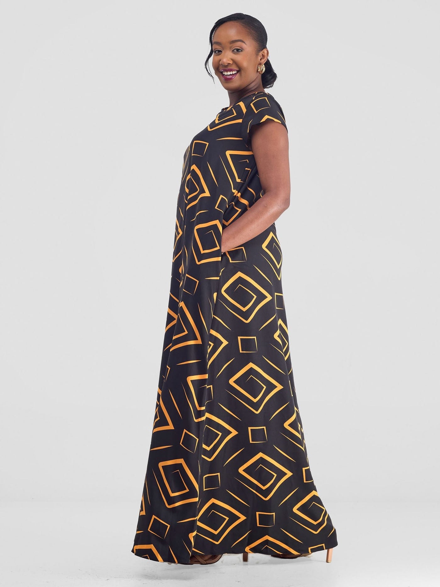 Vivo Basic Cap Sleeve Maxi Tent Dress - Black / Mustard Print - Shopzetu