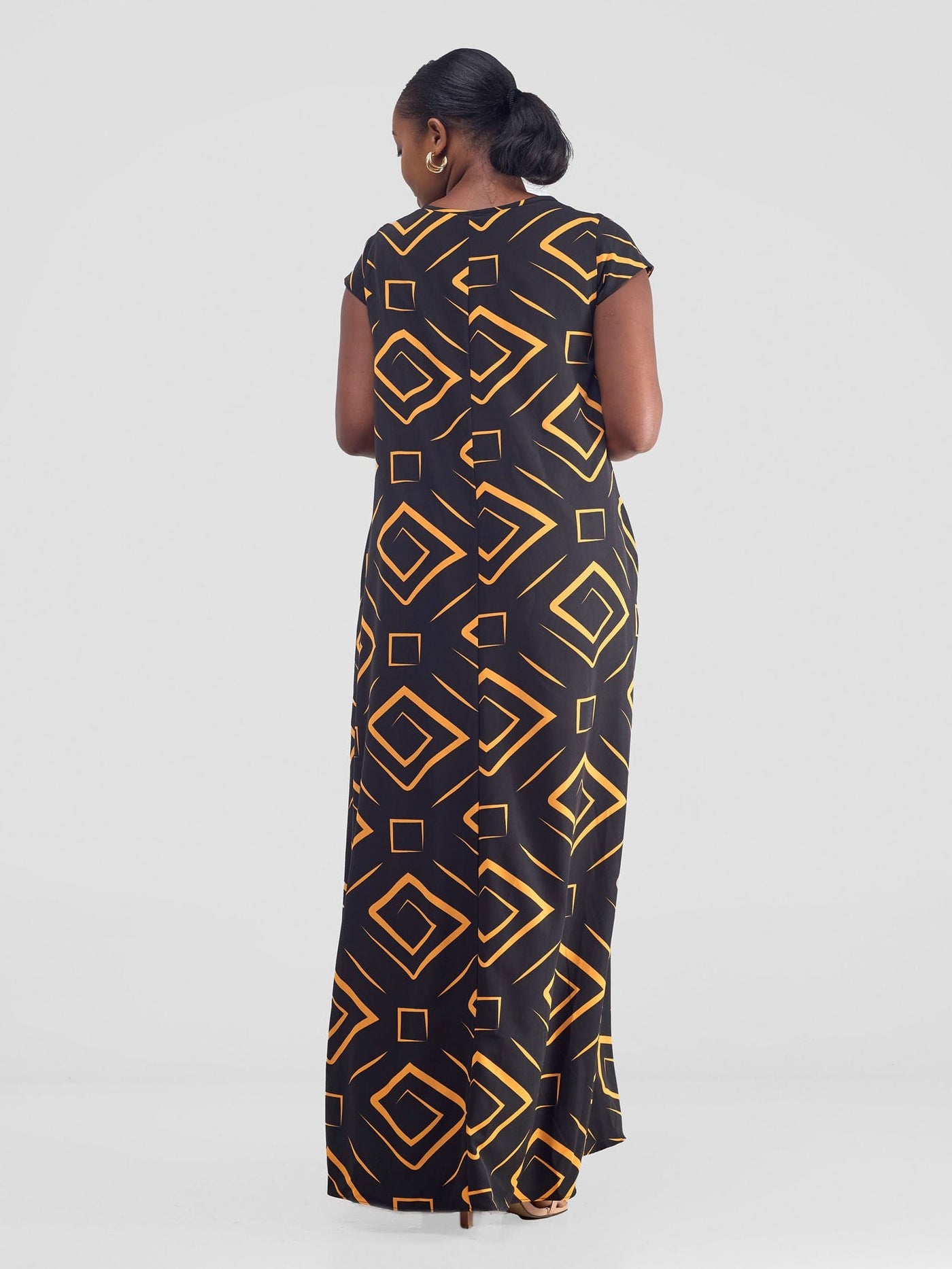 Vivo Basic Cap Sleeve Maxi Tent Dress - Black / Mustard Print - Shopzetu