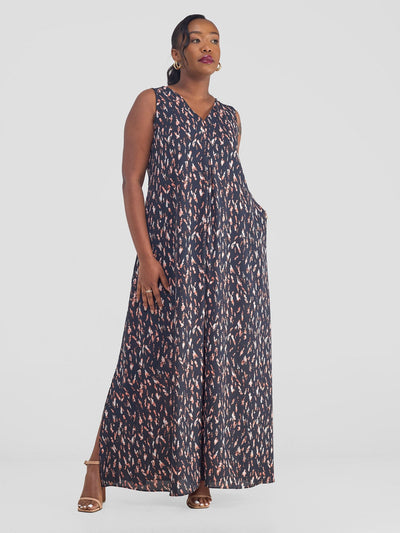 Vivo Ava Front Pleat Maxi Dress - Grey / Rust Print - Shopzetu