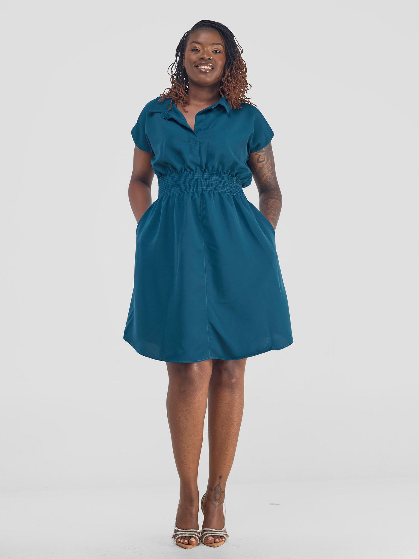 Vivo Zena Shirred Waist Shirt Dress - Teal - Shopzetu