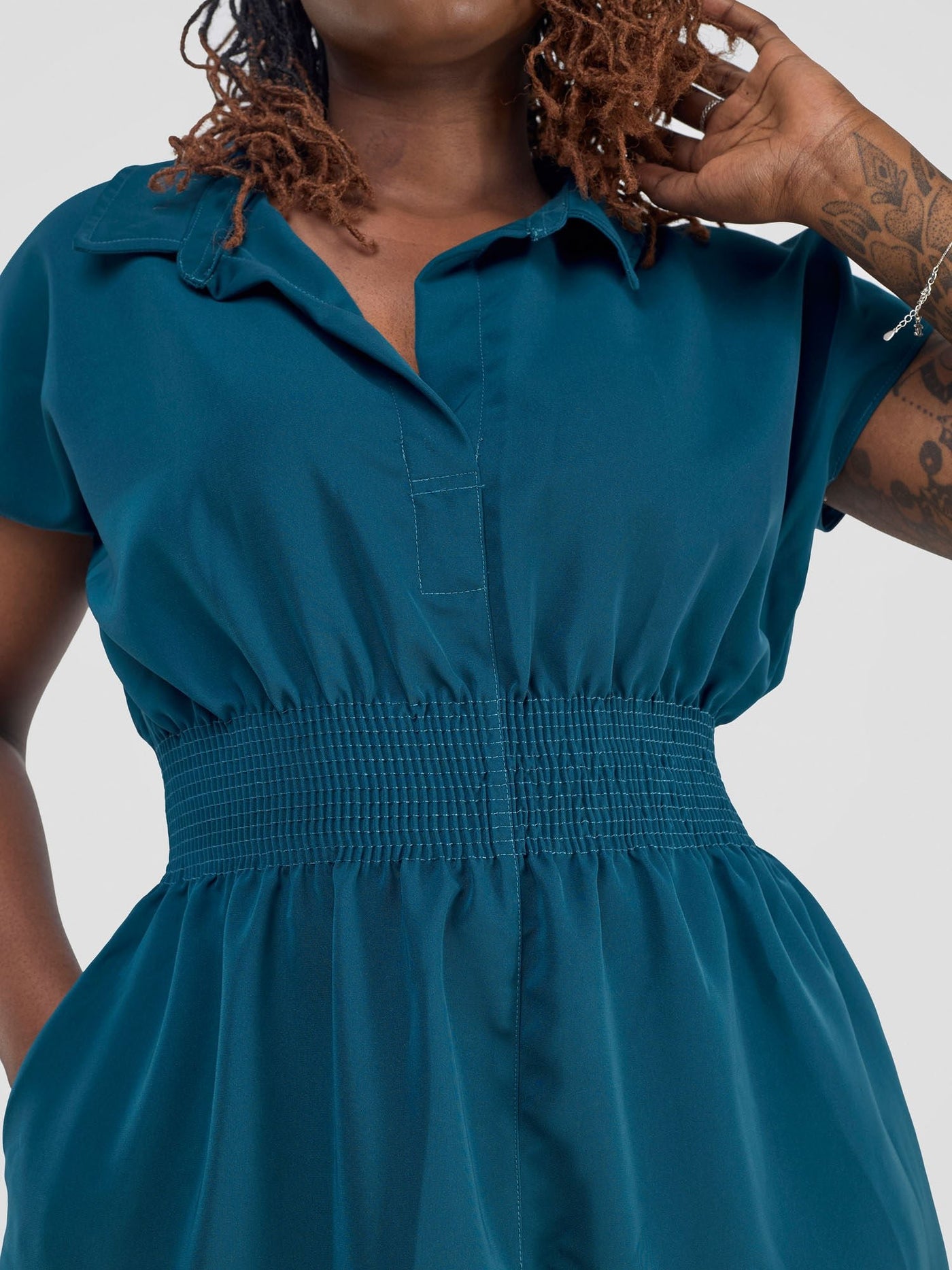 Vivo Zena Shirred Waist Shirt Dress - Teal - Shopzetu