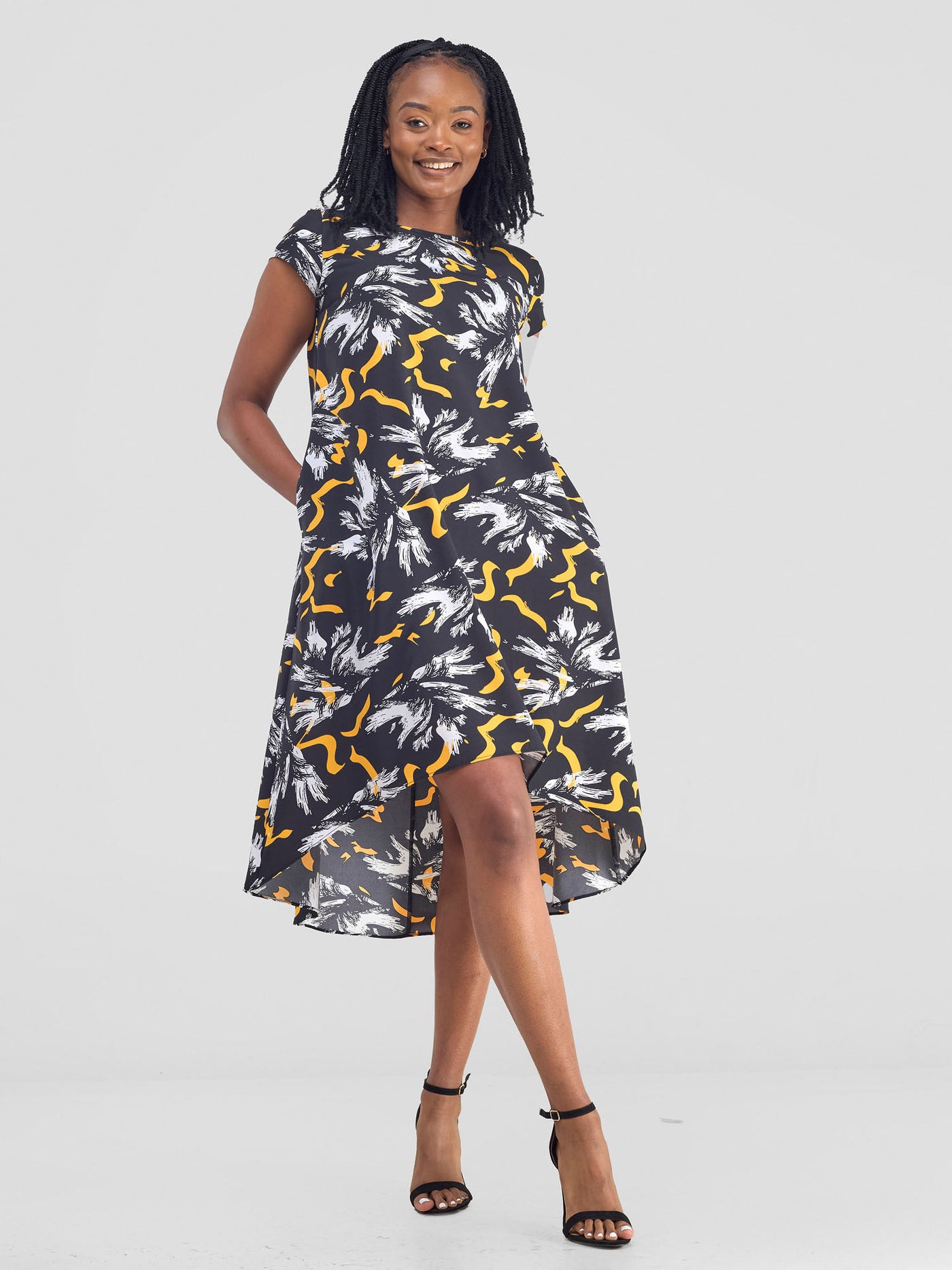 Jema High Low Tent Dress - Yellow / Black Print