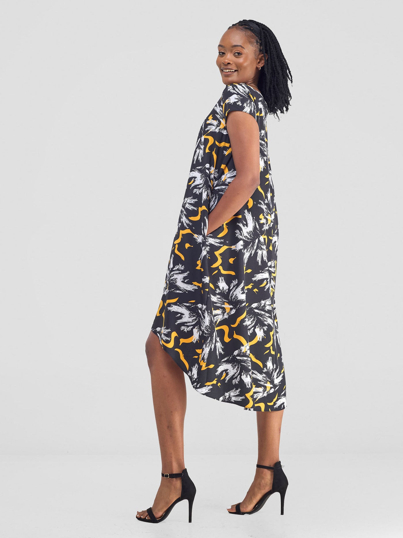 Jema High Low Tent Dress - Yellow / Black Print