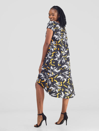 Jema High Low Tent Dress - Yellow / Black Print