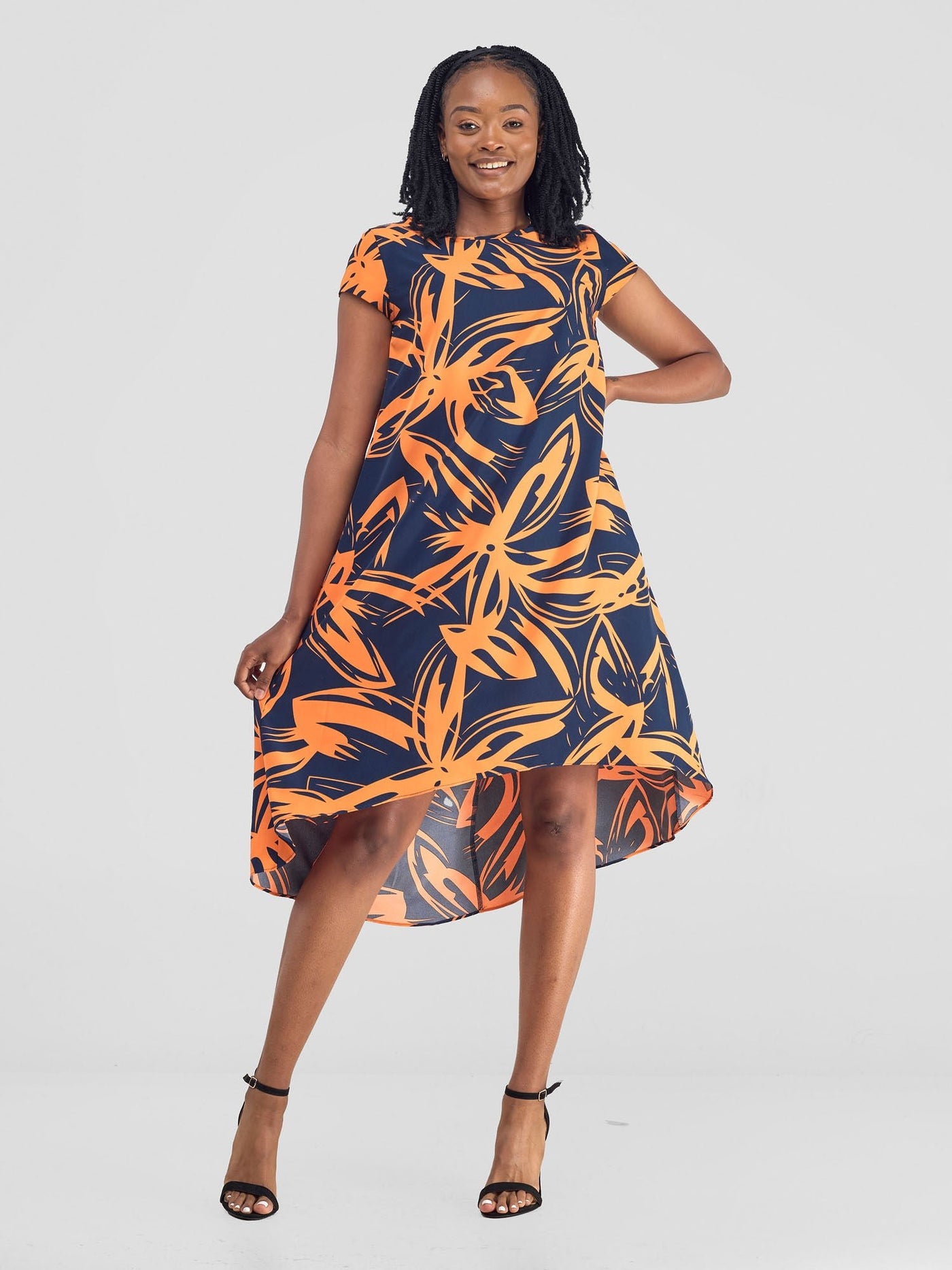 Vivo Jema High Low Tent Dress - Navy / Orange Print - Shopzetu