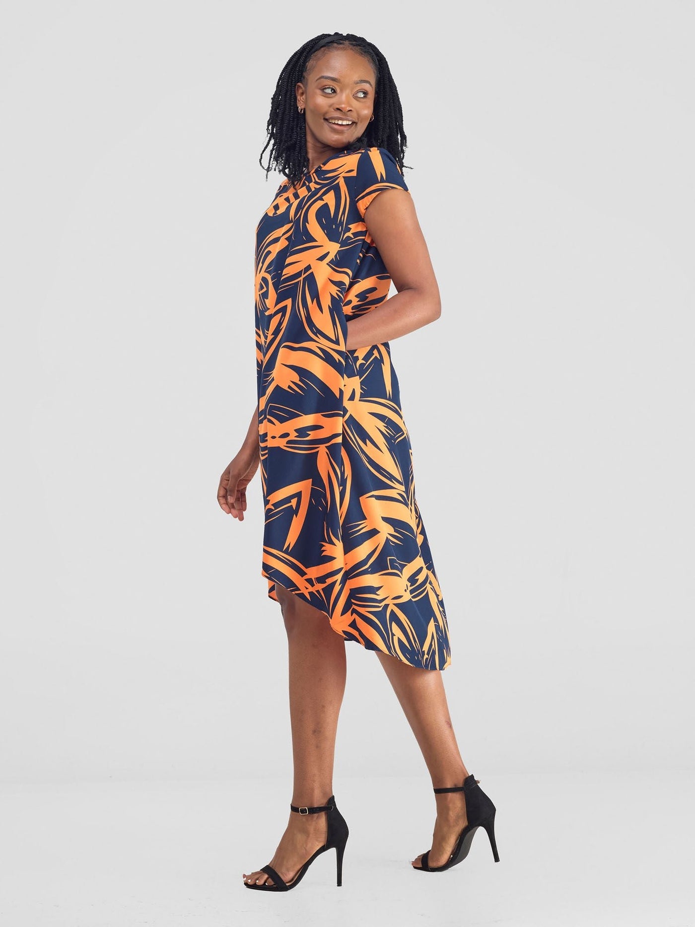 Vivo Jema High Low Tent Dress - Navy / Orange Print - Shopzetu