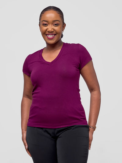 Vivo Basic V-neck Cap Sleeve Top - Burgundy