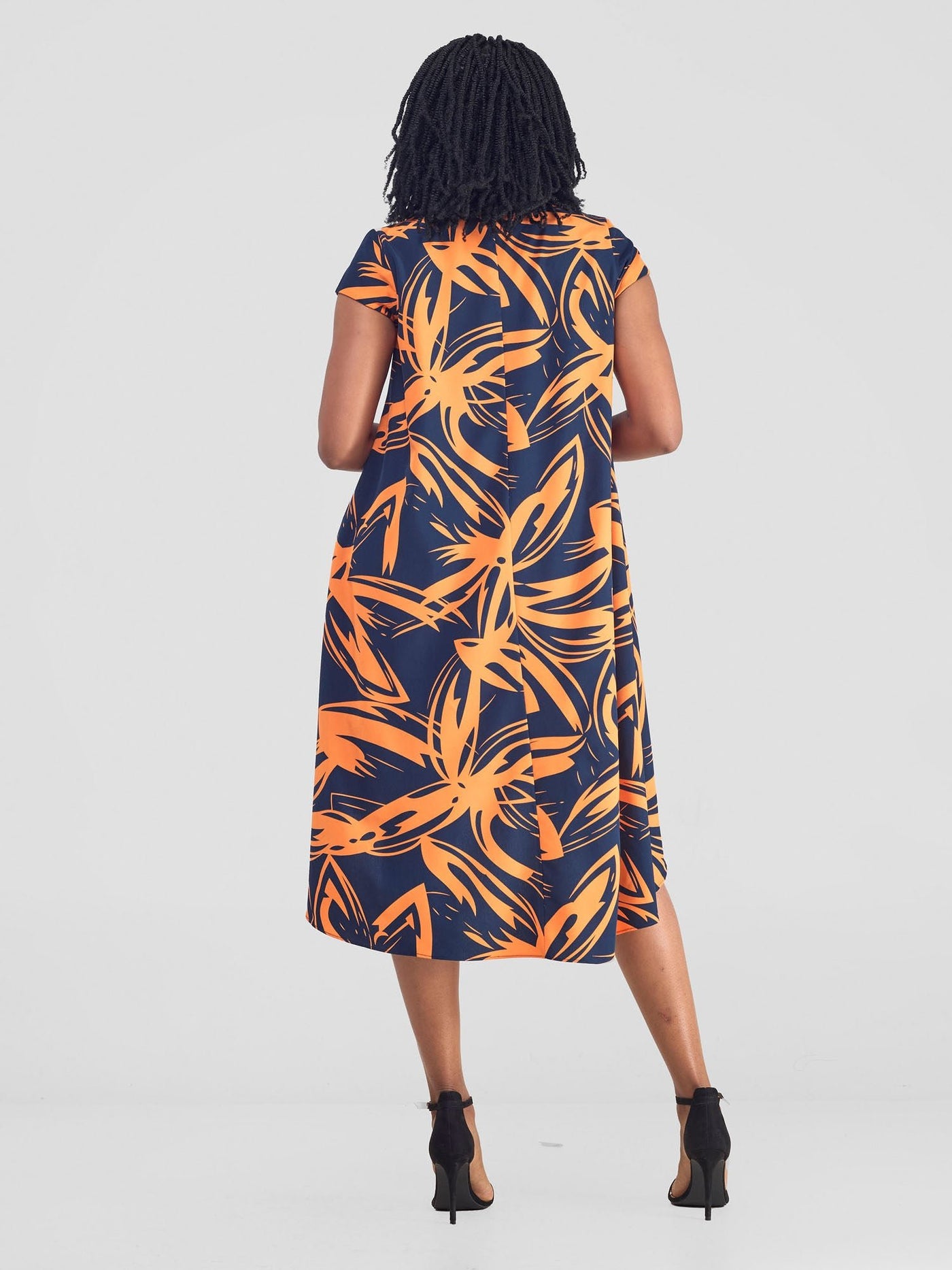 Vivo Jema High Low Tent Dress - Navy / Orange Print - Shopzetu