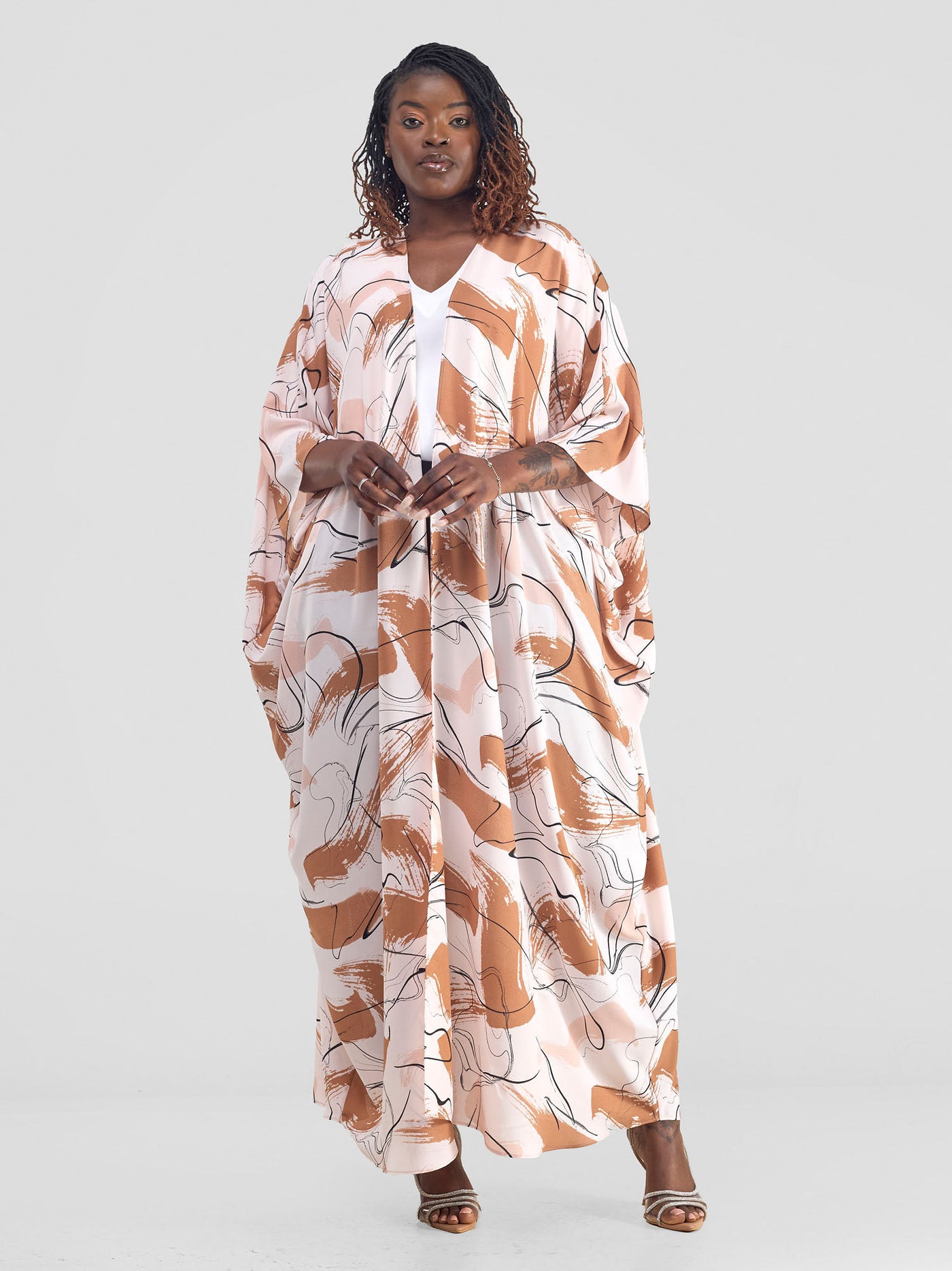 Vivo Muna Chiffon Kimono - Brown / Pink Print