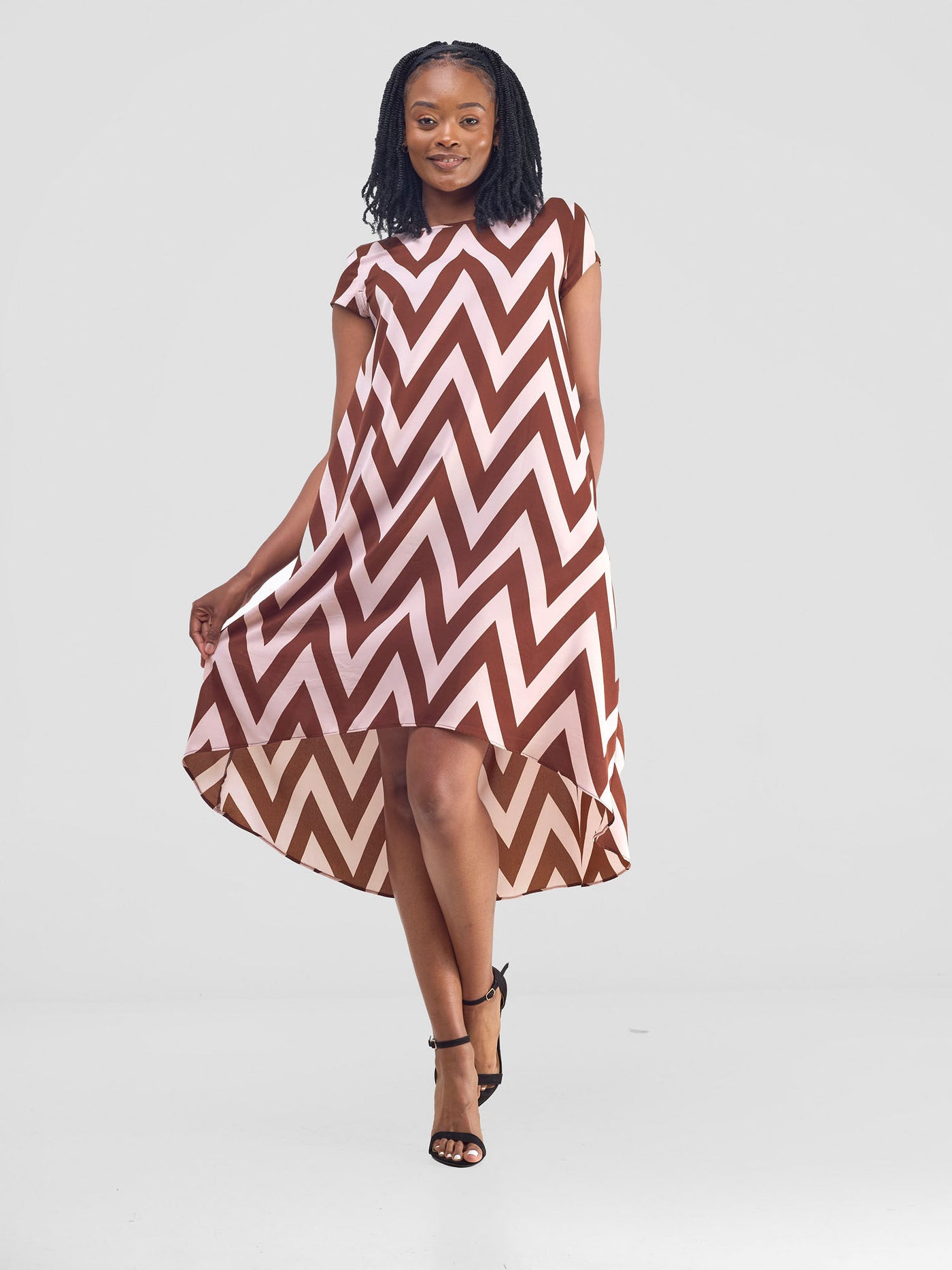 Vivo Jema High Low Tent Dress - Brown / Pink Print