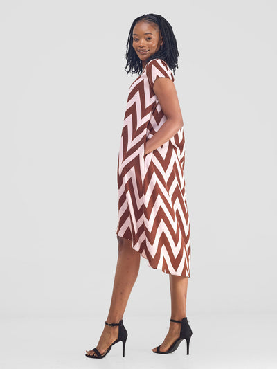 Vivo Jema High Low Tent Dress - Brown / Pink Print