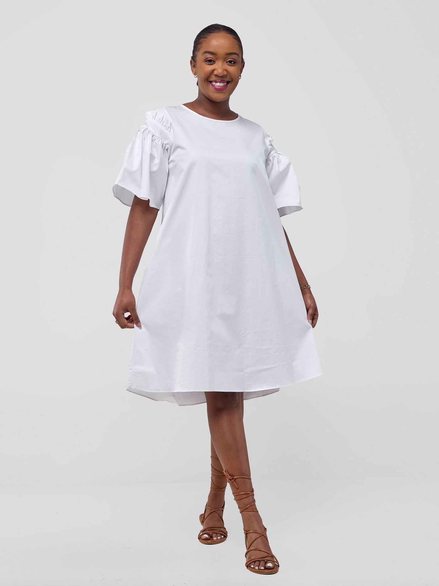 Mali Gathered Flounce Sleeve Tent Dress - White