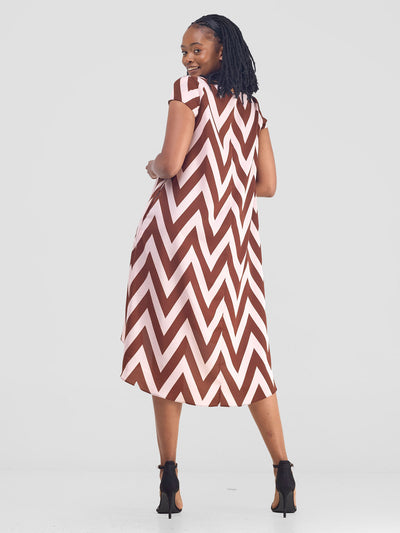 Vivo Jema High Low Tent Dress - Brown / Pink Print