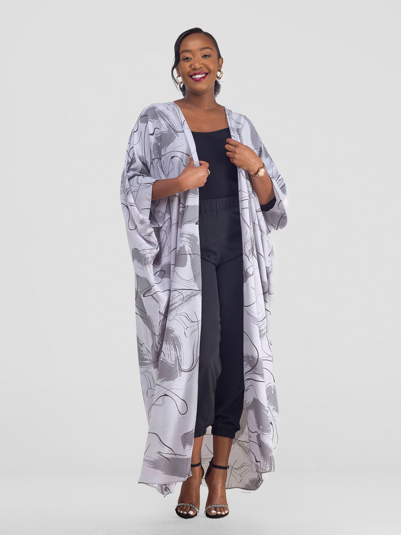 Vivo Muna Chiffon Kimono - Grey / Black Print