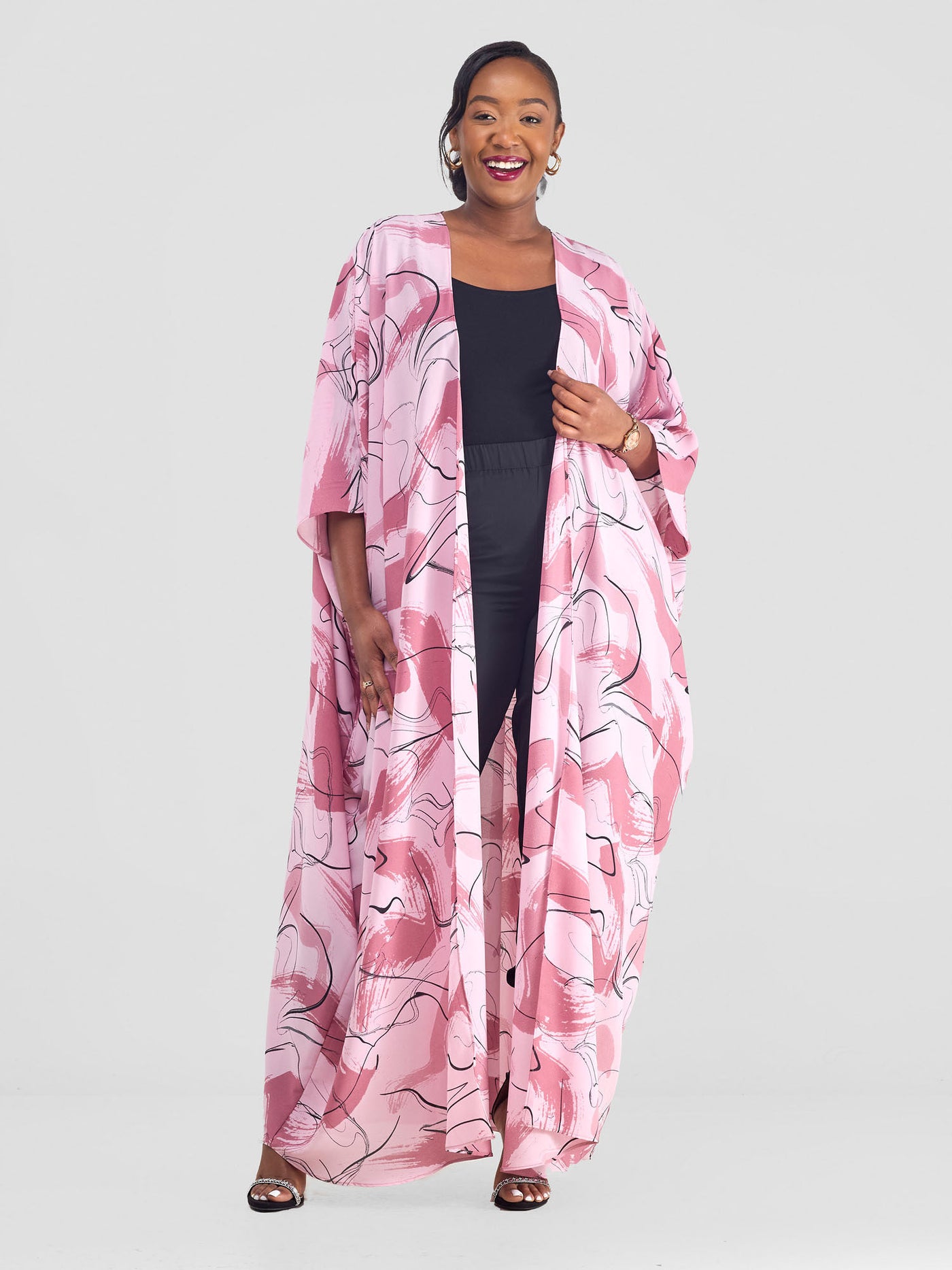 Vivo Muna Chiffon Kimono - Pink / Black Print