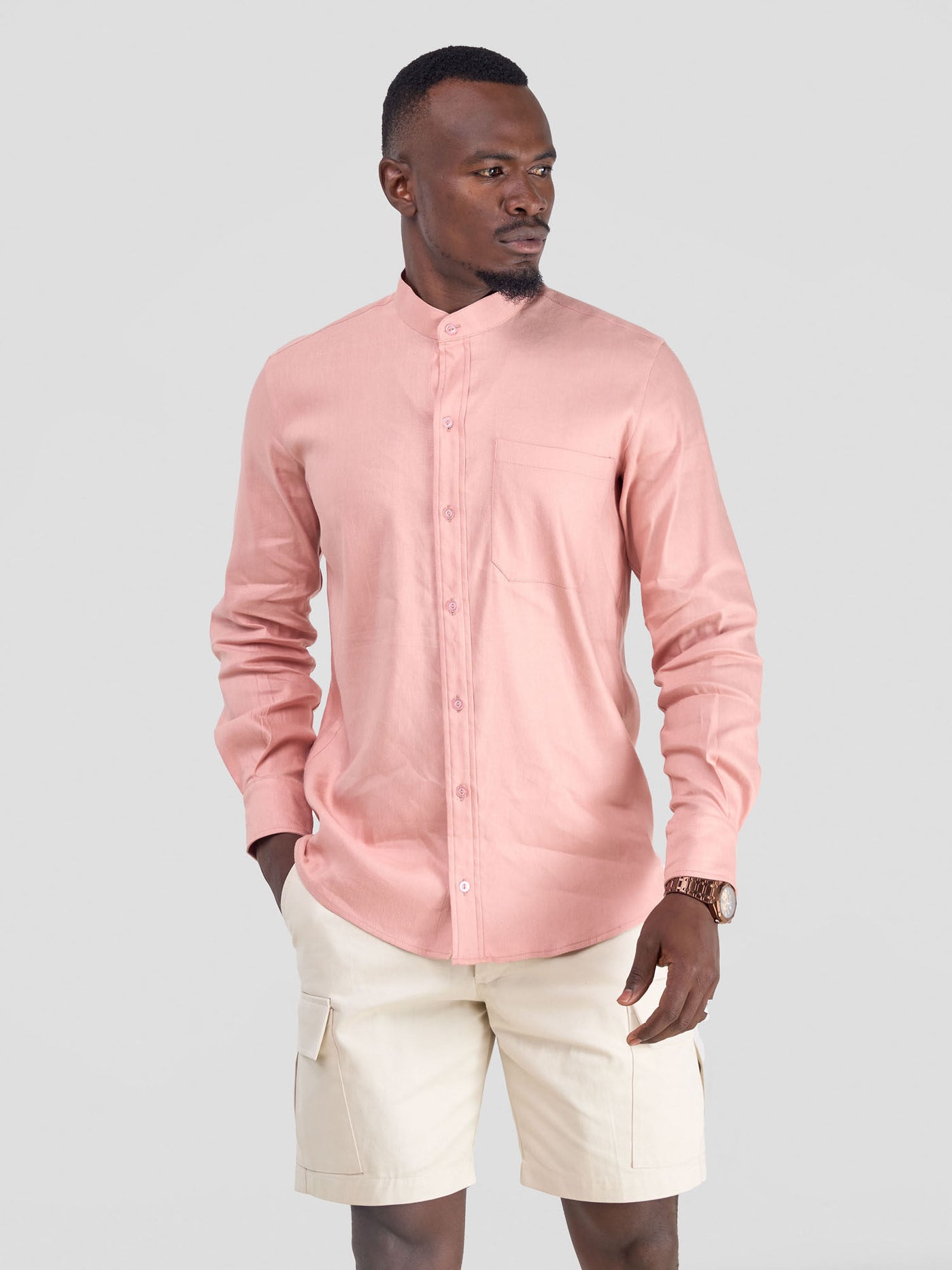 Men's Chinese Collar Long Sleeve Shirt - Coral